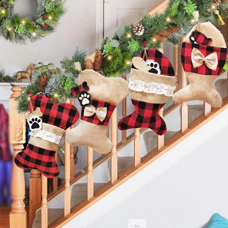 Red and black grid Christmas pet socks ornament with festive holiday charm