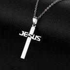 Titanium steel cross pendant necklace with Jesus figure on round bead chain in silver tone