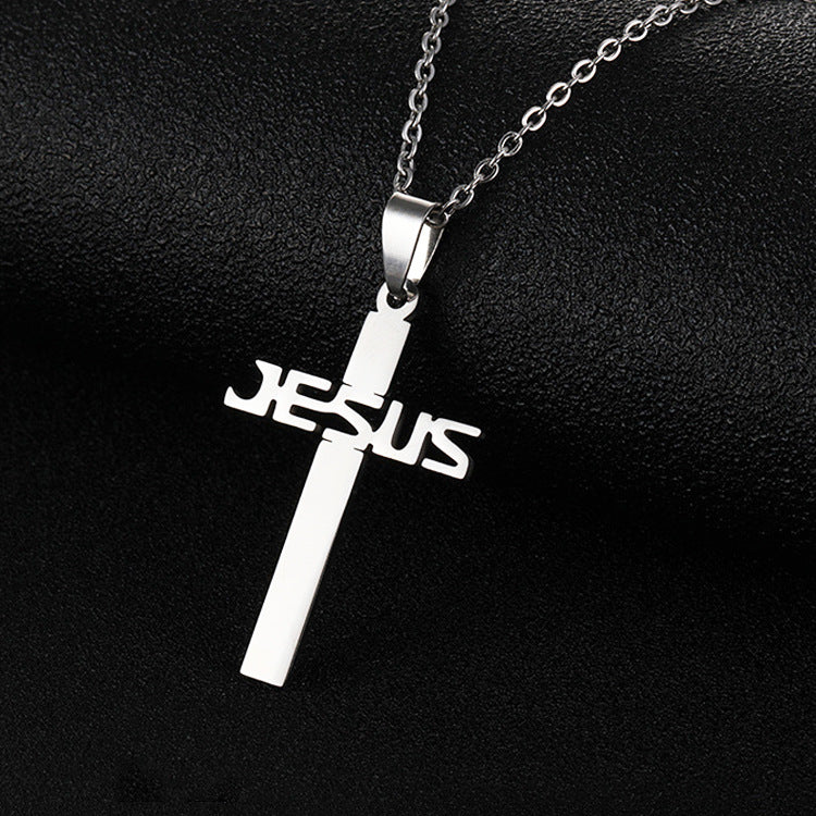 Titanium steel cross pendant necklace with Jesus figure on round bead chain in silver tone