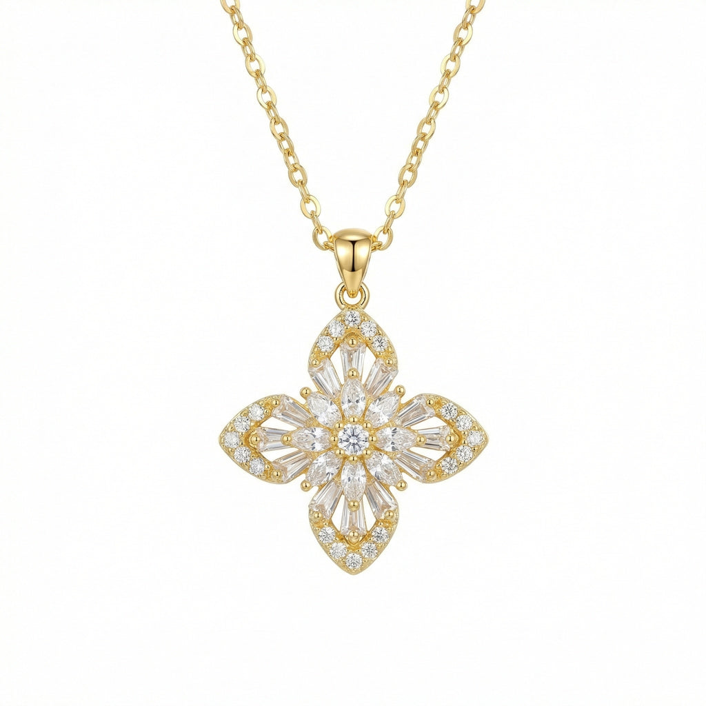925 Sterling Silver floral cross pendant necklace featuring marquise and baguette crystals