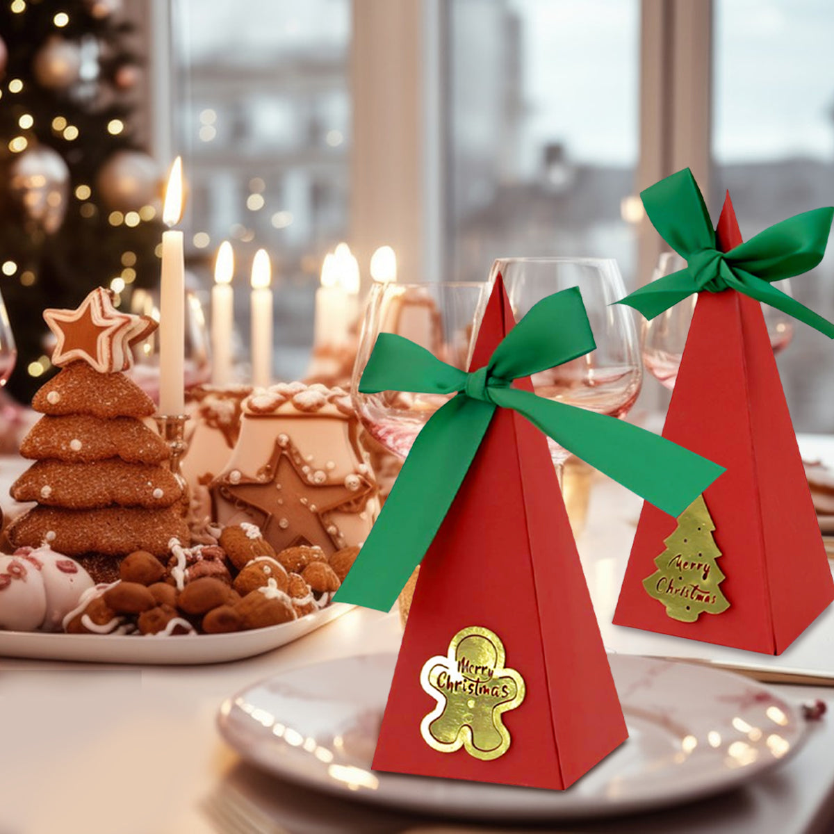 Christmas tree and stocking design on paper treat boxes