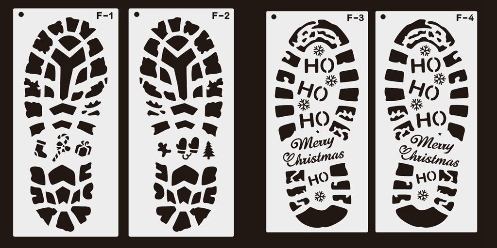 Set of Christmas footprints templates showing elf and snowflake designs on white plastic Main image