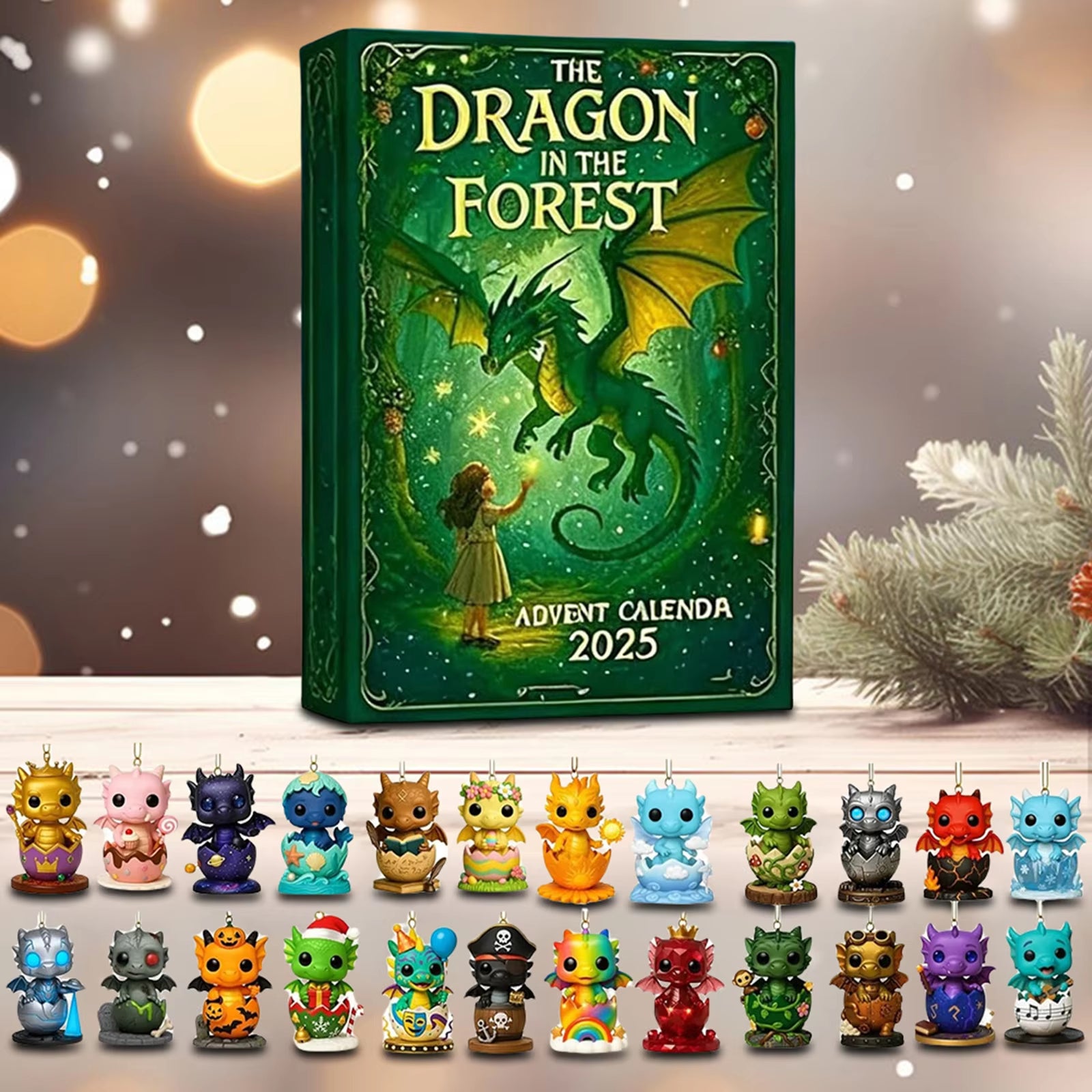 Forest Dragon Advent Calendar displayed on wooden shelf surrounded by Christmas greenery and ornaments