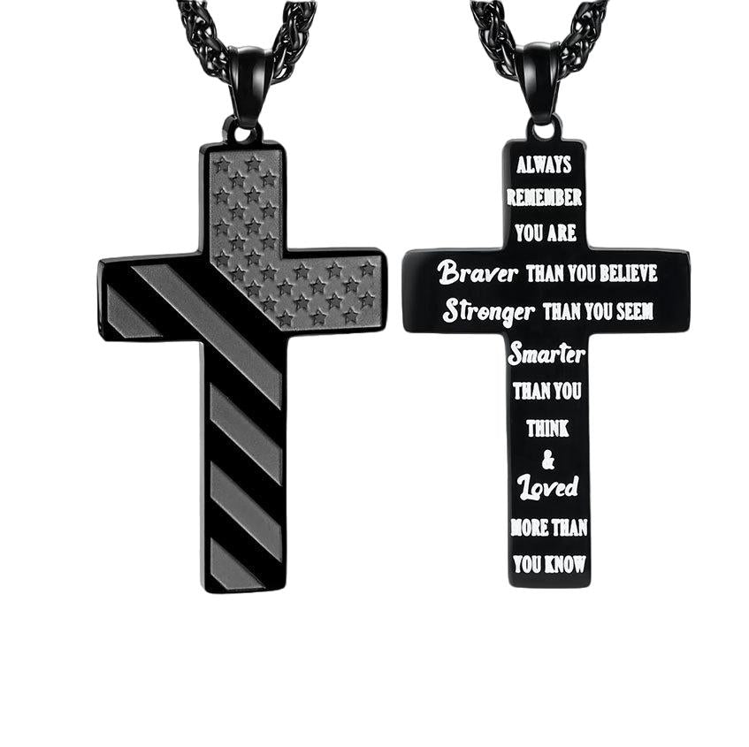 American flag cross pendant with scripture on stainless steel chain, patriotic faith jewelry Main image