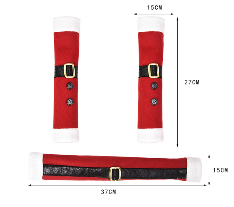 Close-up view of Christmas refrigerator handle covers in soft flannelette fabric