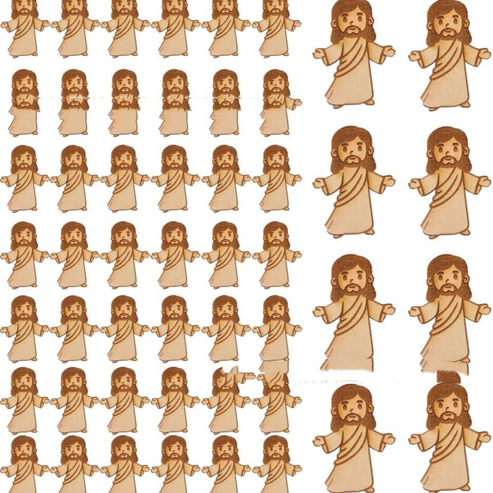 Close-up of miniature wooden figures crafted from boxwood for nativity displays