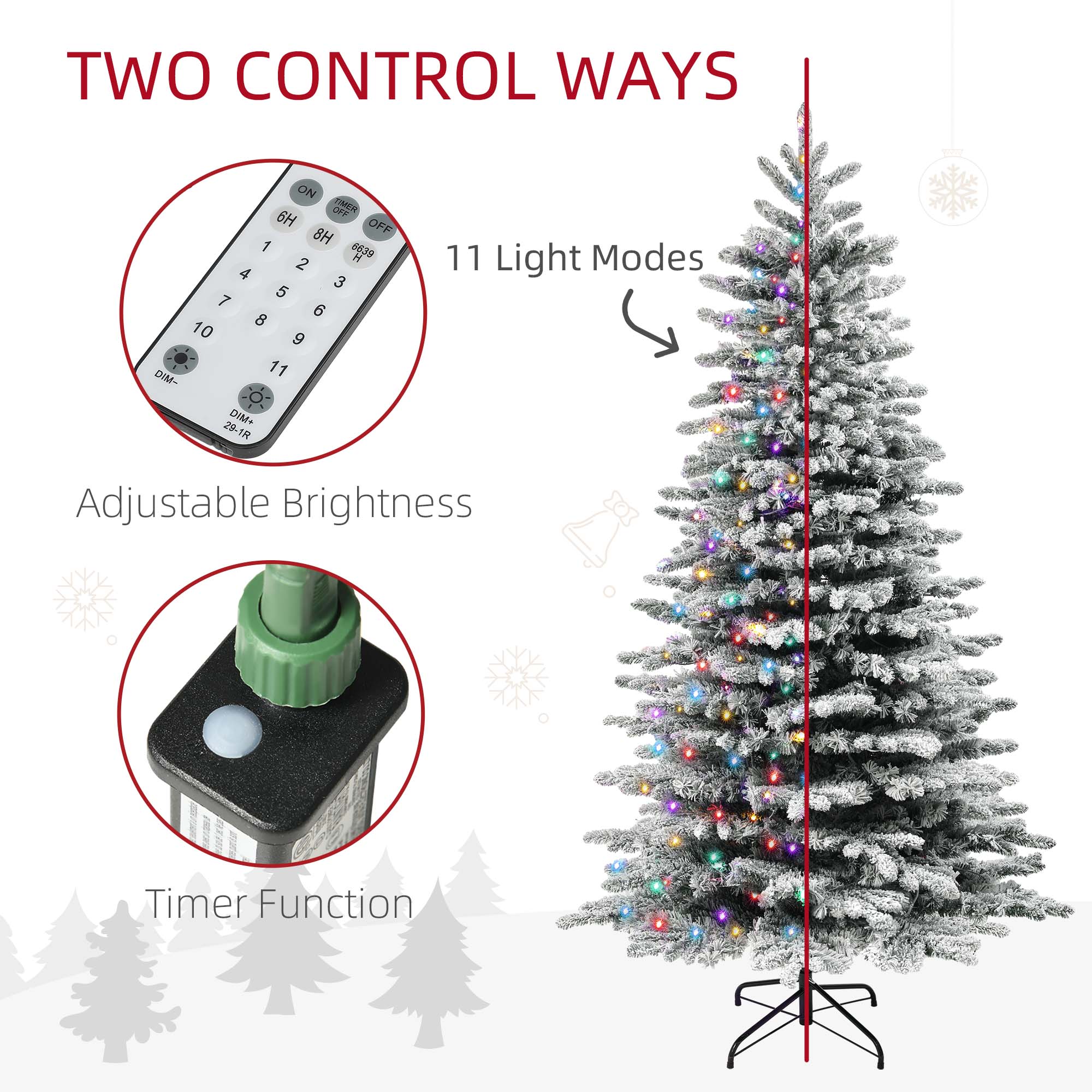 7.5ft snow-flocked Christmas tree as centerpiece in decorated home during holiday season