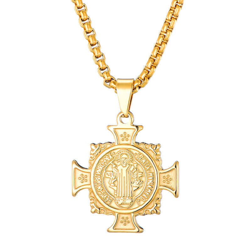 Close-up view of Catholic Saint Benedict pendant for men