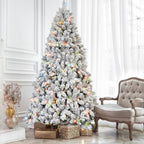Christmas tree decorated with pine cones and glowing colored lights at night