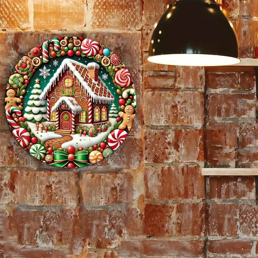 Cozy gingerbread Christmas round wooden sign for holiday display