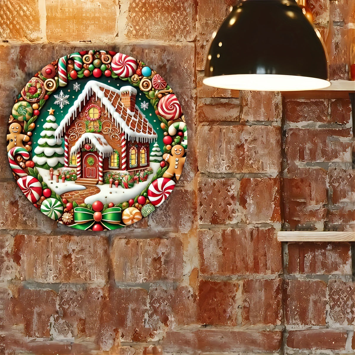 Cozy gingerbread Christmas round wooden sign for holiday display