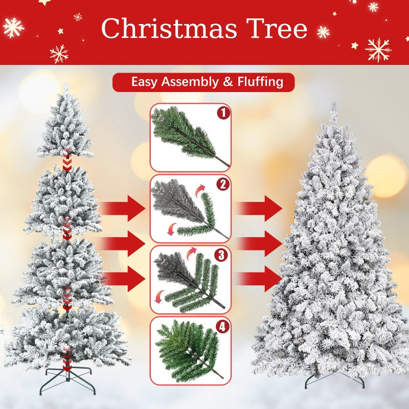 7ft tall PVC Christmas tree with flocked branches ready for ornaments
