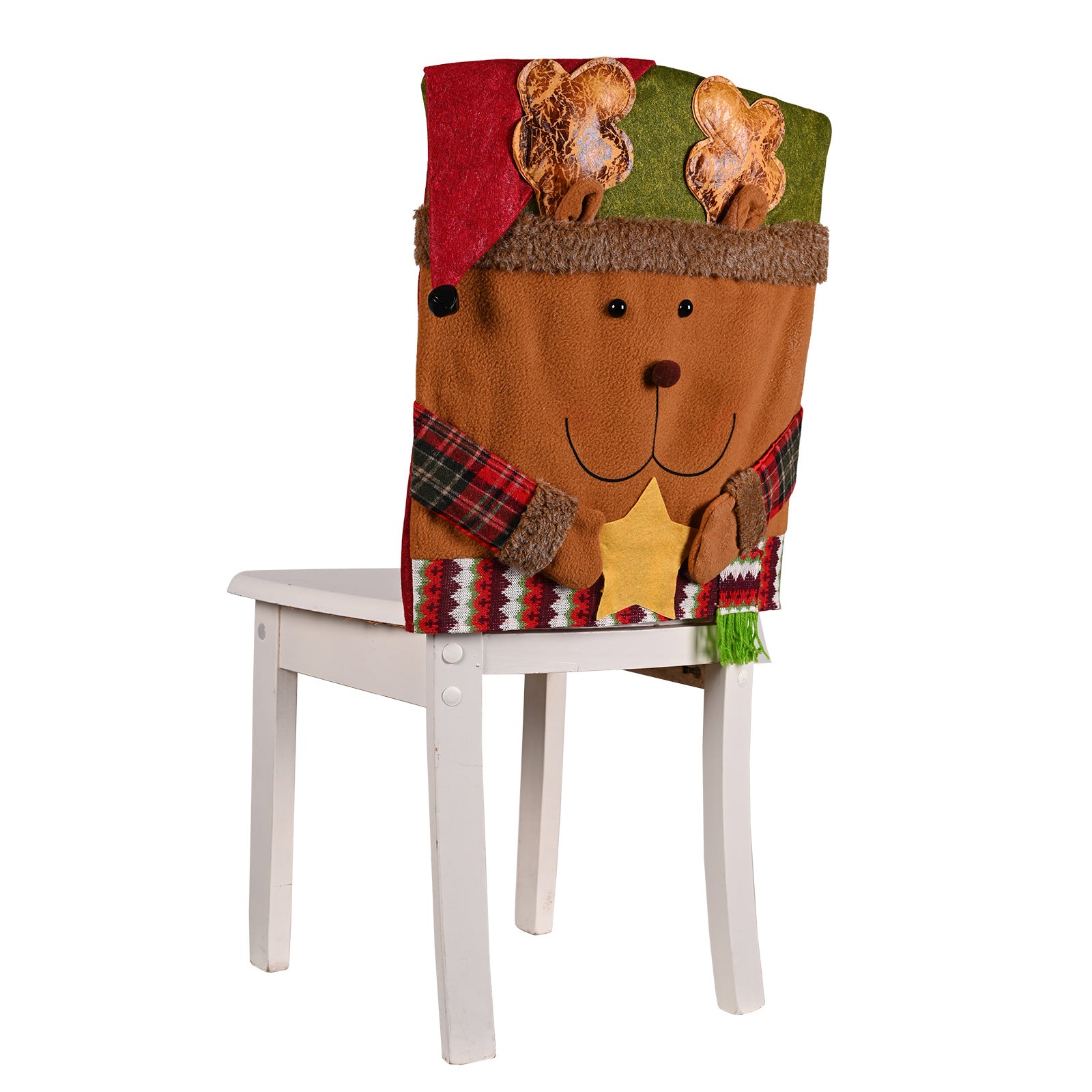Fleece Christmas chair cover with winter woodland elk and snowman figures