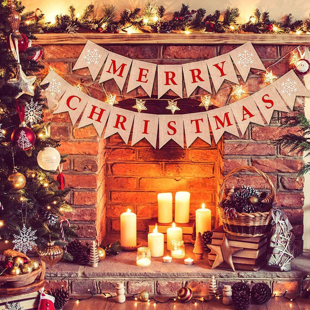 Traditional burlap banner celebrating the Merry Christmas season