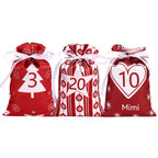 Advent calendar gift bag set laid out showing all 24 bags with clips and ribbon