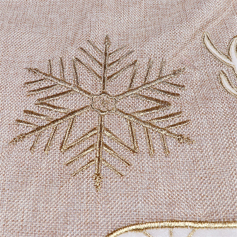 Flat lay view of 48-inch linen Christmas tree skirt in gold and white colors