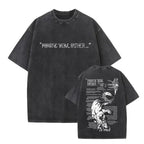 Close-up of vintage style Forgive Father design on black tee