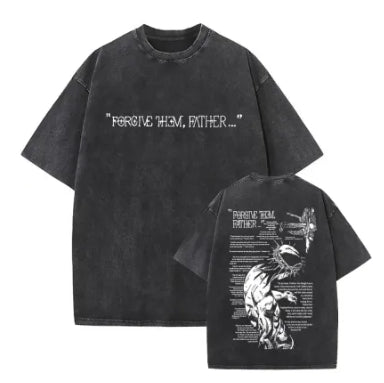 Close-up of vintage style Forgive Father design on black tee