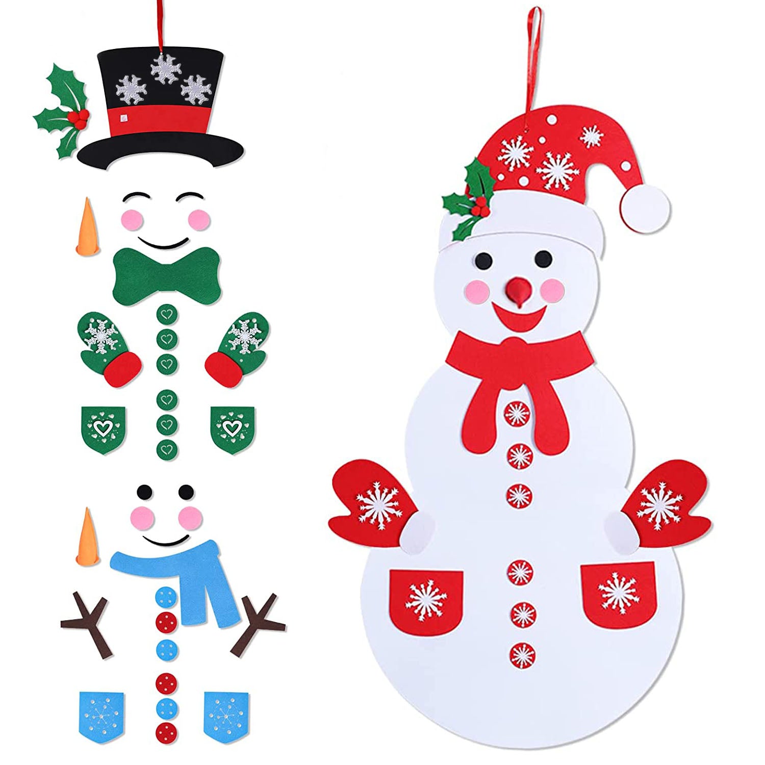 Felt snowman craft displayed on nursery wall beside Christmas ornaments