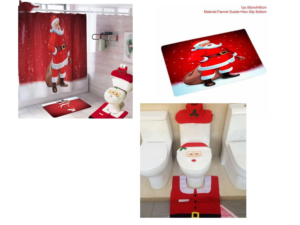 Festive bathroom curtain set with Santa snowman and reindeer holiday designs