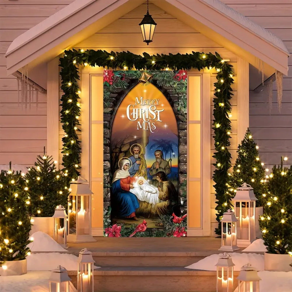 Close-up view of Christmas curtain decoration featuring mixed color holiday patterns