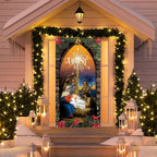 Close-up view of Christmas curtain decoration featuring mixed color holiday patterns