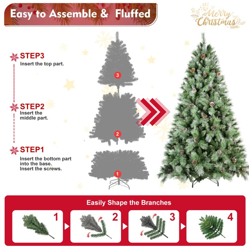 Fully decorated Christmas tree in living room setting with warm lighting