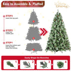 Fully decorated Christmas tree in living room setting with warm lighting