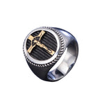 Gold men's ring with cross symbol in polished finish
