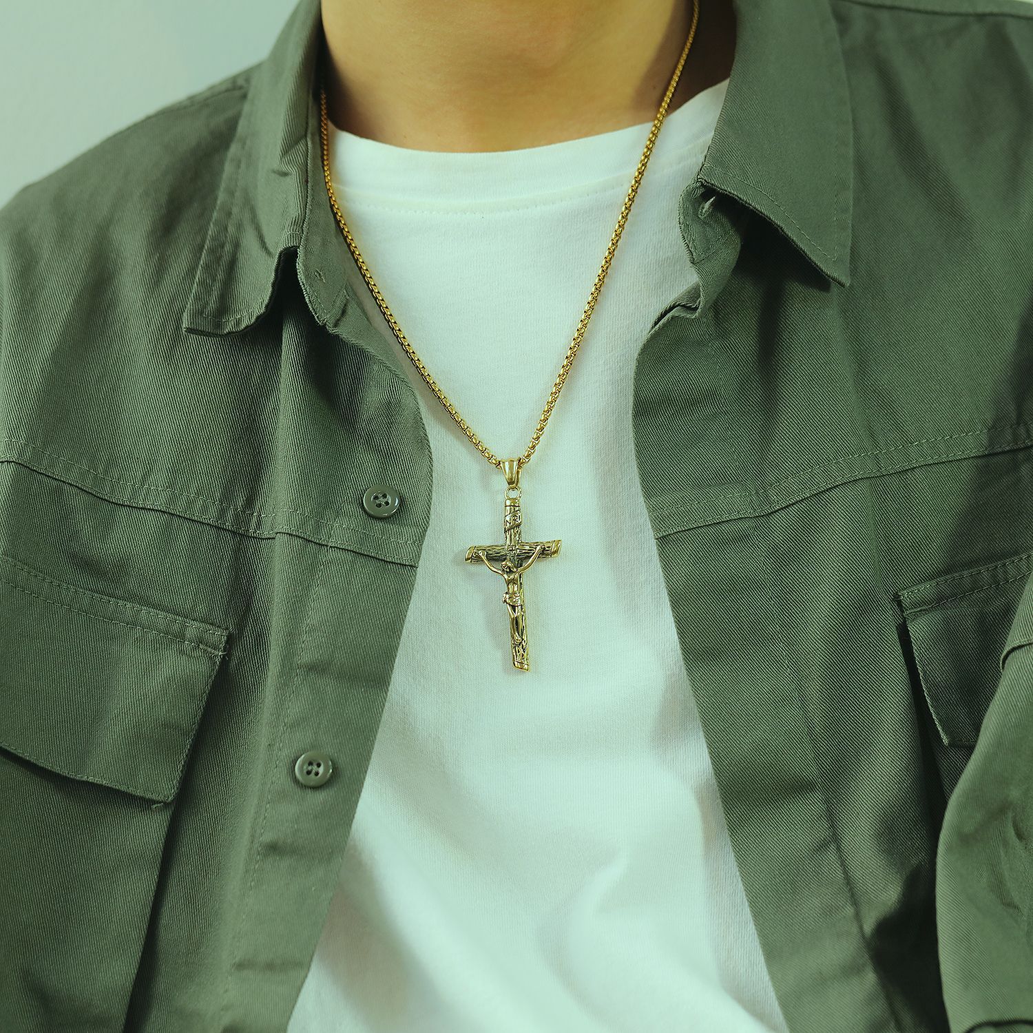 Jesus cross pendant necklace with square pearl chain in natural finish Main image