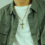 Jesus cross pendant necklace with square pearl chain in natural finish