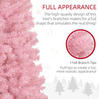 Assembled pink pencil Christmas tree in living room setting