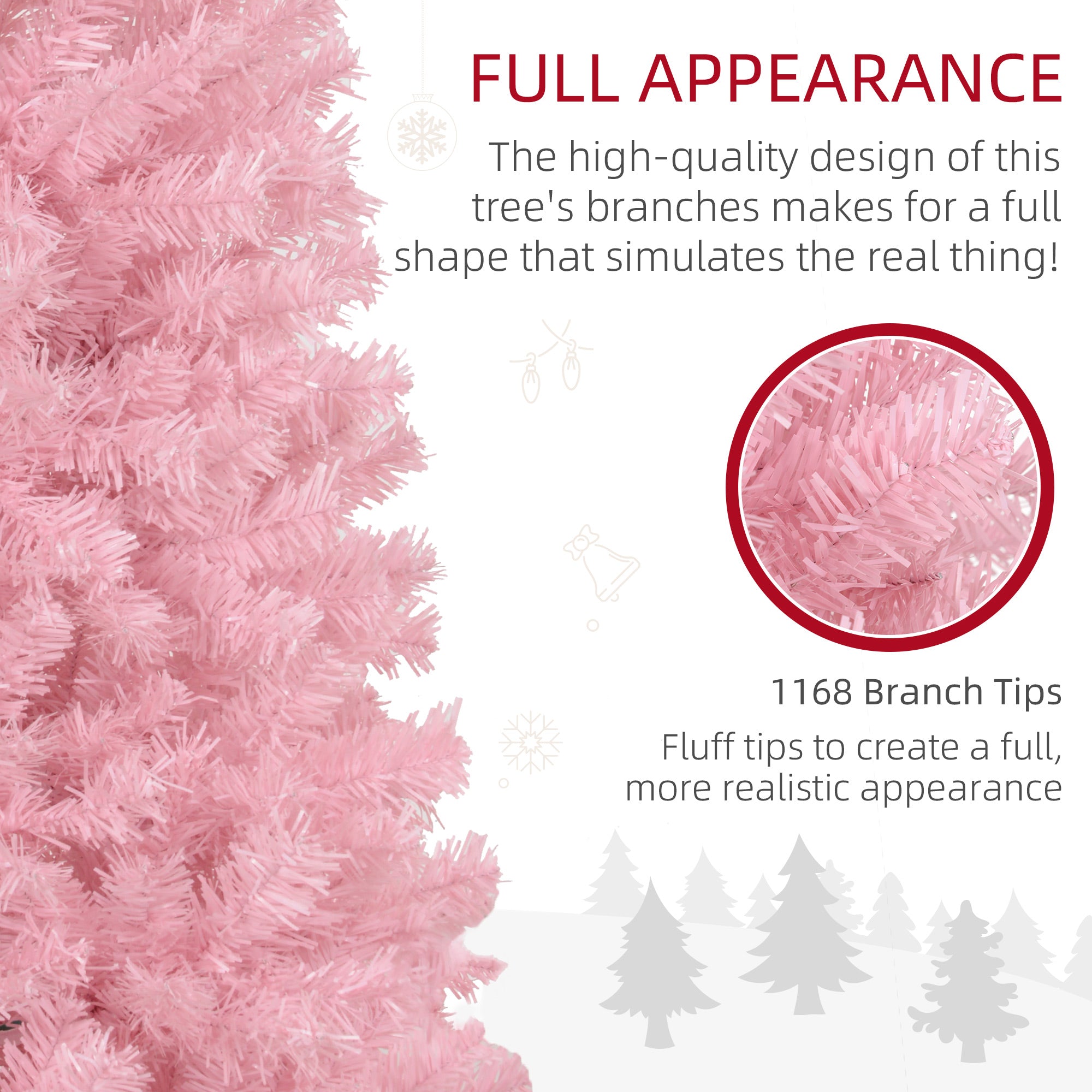 Assembled pink pencil Christmas tree in living room setting