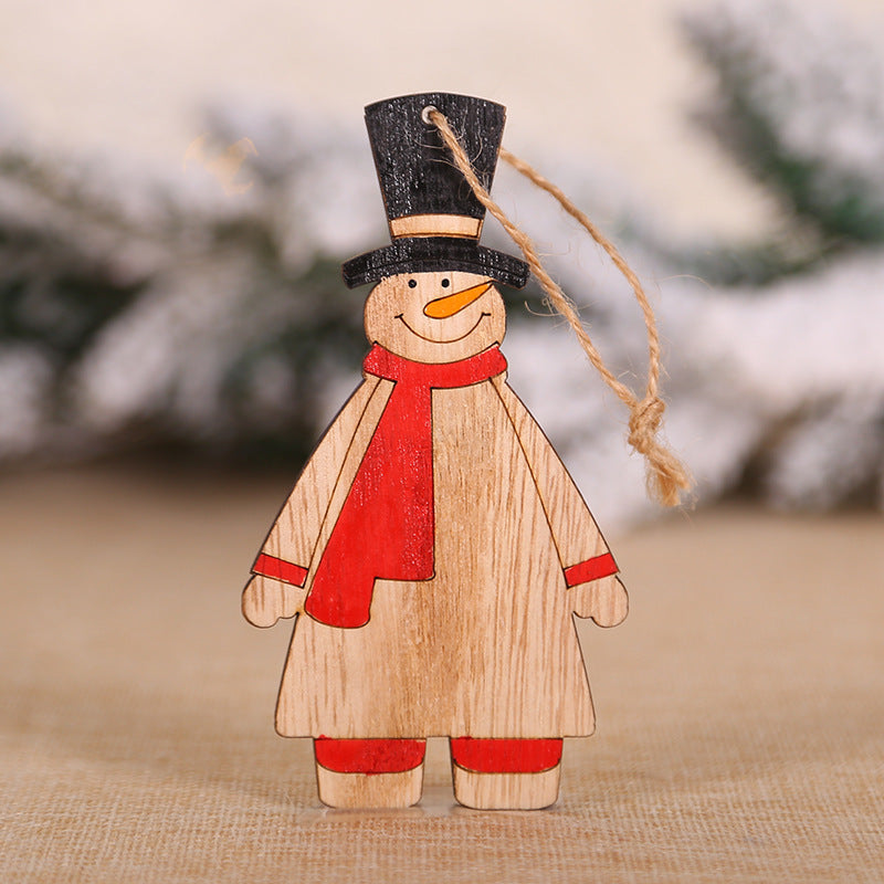 Set of wooden Christmas hanging decorations featuring angel figure in warm wood tones