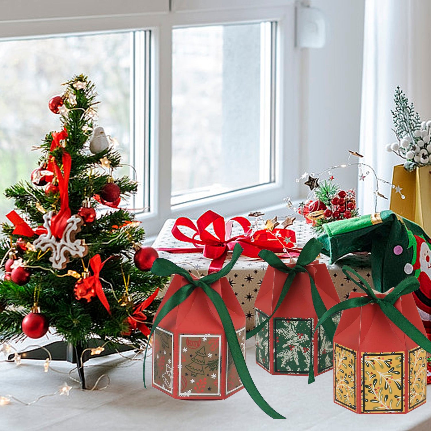 Stack of colorful Christmas tree bell paper treat boxes with red green yellow blue ribbons arranged on rustic surface