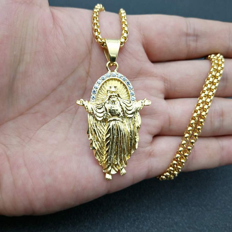 Close-up of Jesus pendant detail on 61cm necklace chain