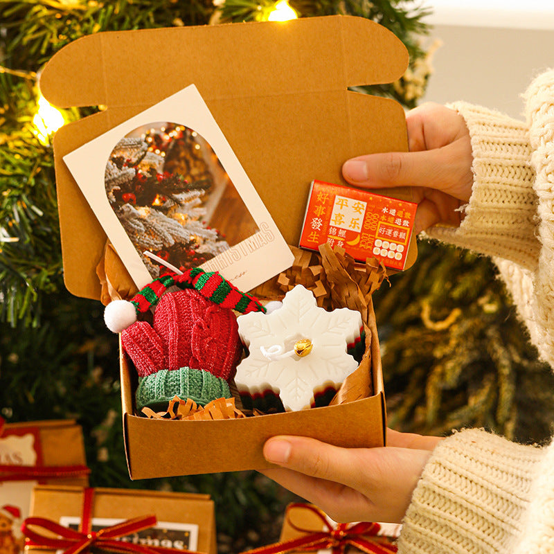 Pink Christmas gloves with tree and snowflake candle gift box