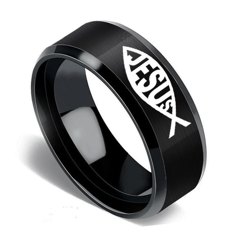 Stainless steel faith ring laid flat showing 8MM width and band design