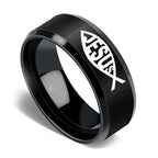 Stainless steel faith ring laid flat showing 8MM width and band design