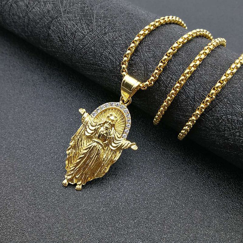 Front view of titanium steel Jesus pendant on gold chain