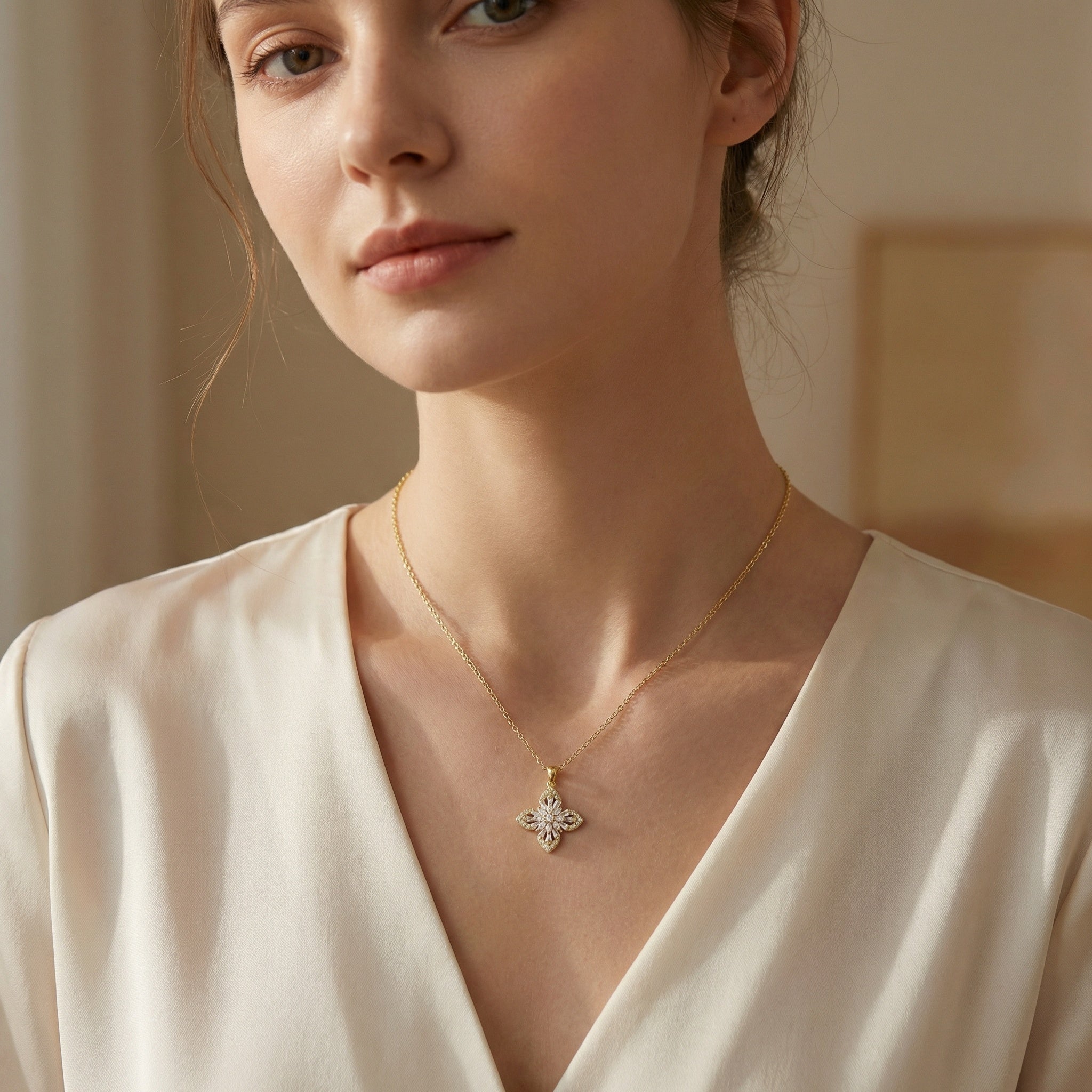 Elegant floral cross pendant necklace with marquise and baguette crystal accents on adjustable silver chain