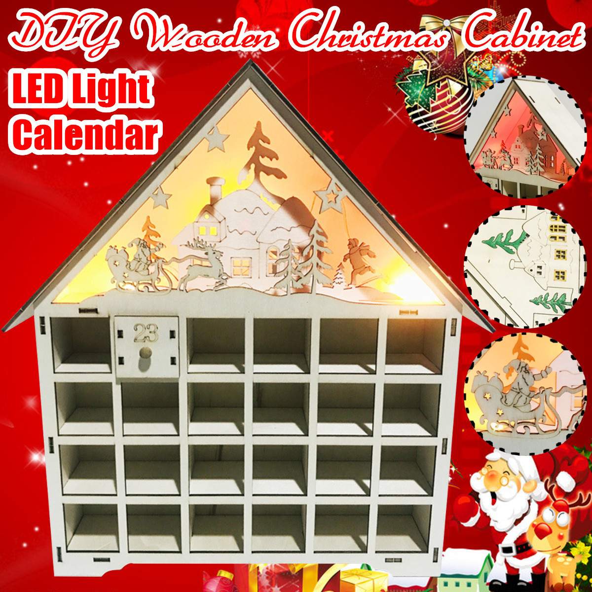Wooden calendar cabinet in cozy living room setting for Christmas season