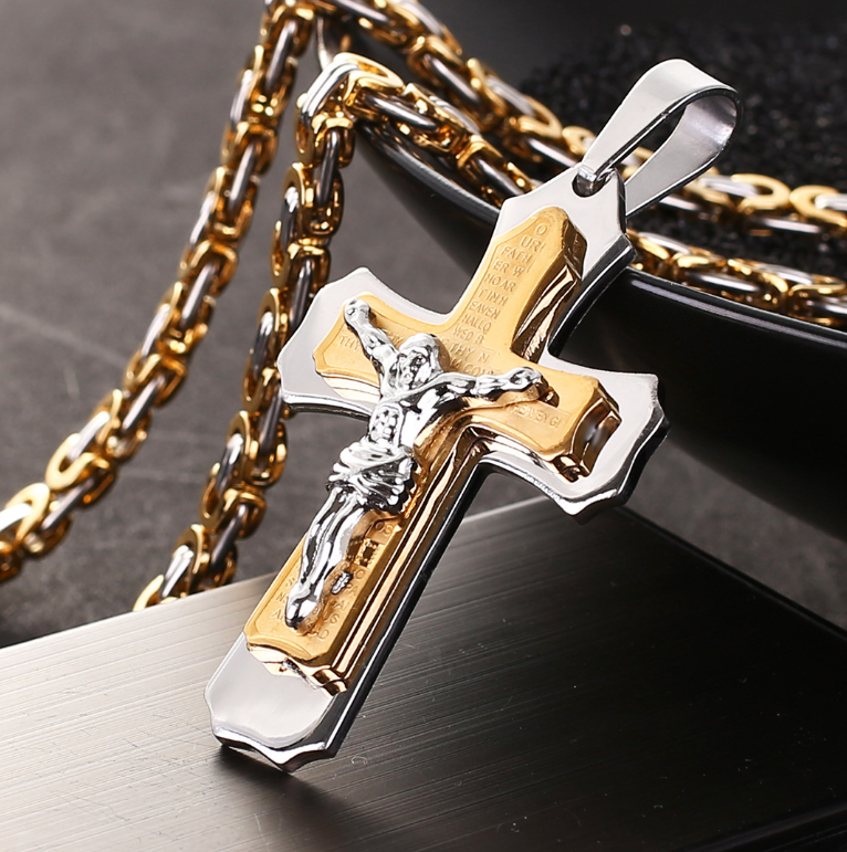 Golden cross pendant necklace styled for everyday wear showing comfortable chain length