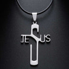 Polished titanium steel cross pendant necklace with black wax chain on white background