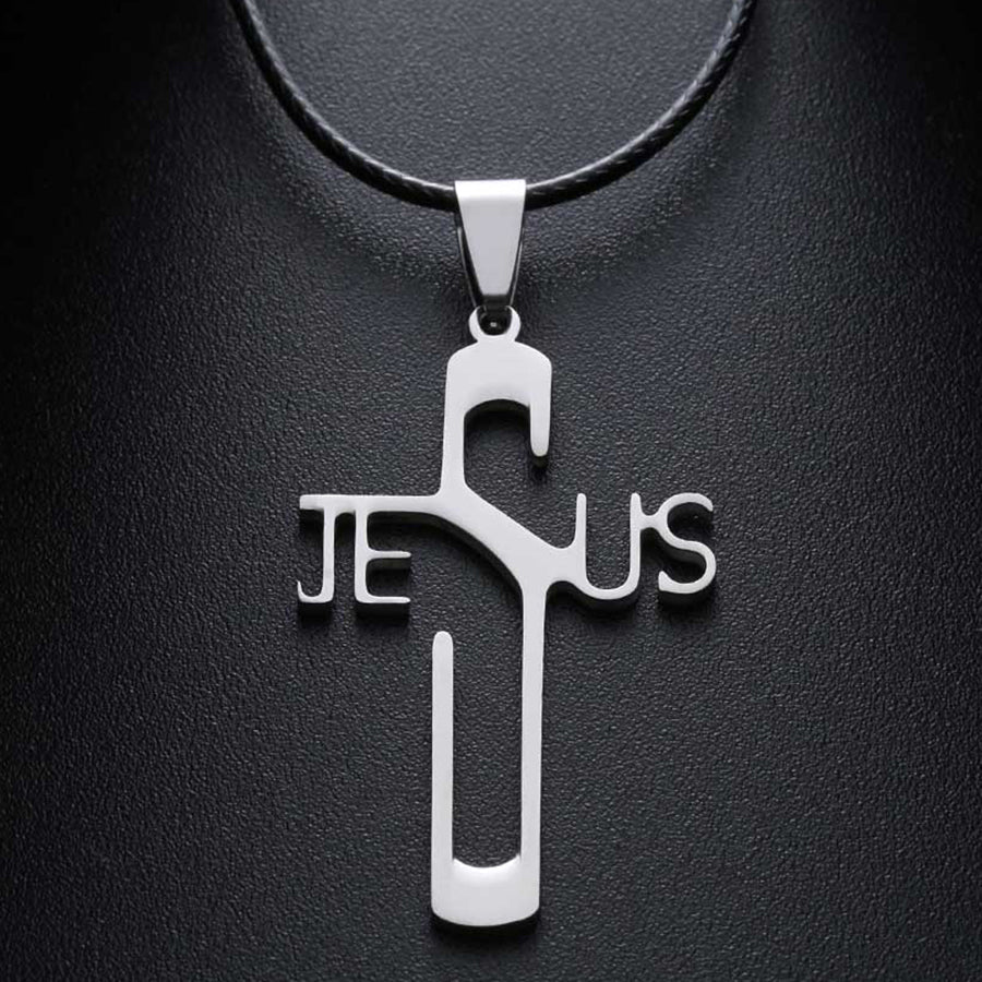 Polished titanium steel cross pendant necklace with black wax chain on white background