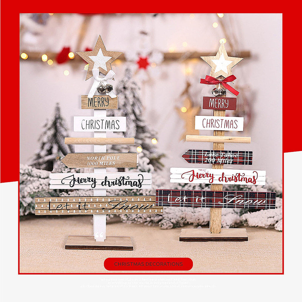 Natural wood Christmas tree decoration with festive English letters on white background