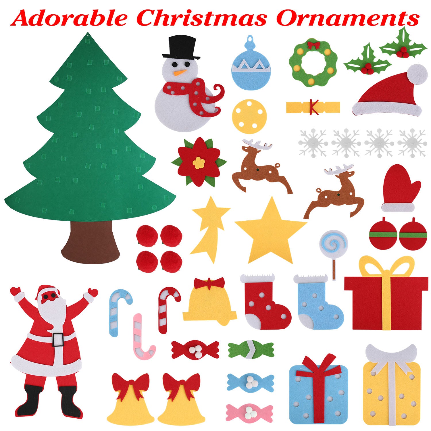 Complete DIY felt Christmas tree set ready for wall hanging decoration
