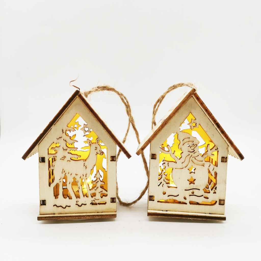 Santa Claus wooden small house decoration from natural boxwood for holiday display