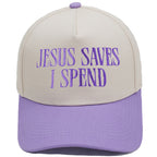 Jesus Saves I Spend Embroidered Trucker Hat front view