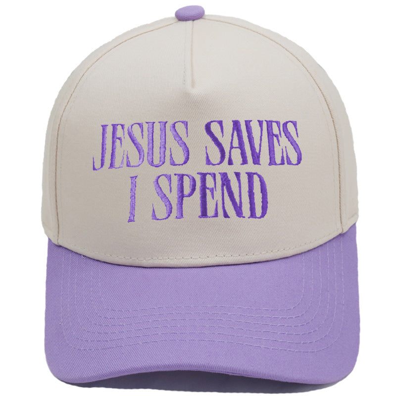 Jesus Saves I Spend Embroidered Trucker Hat front view